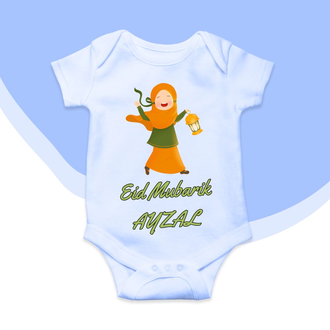 Customized Eid Mubarak Orange Girl Latern | Eid Romper