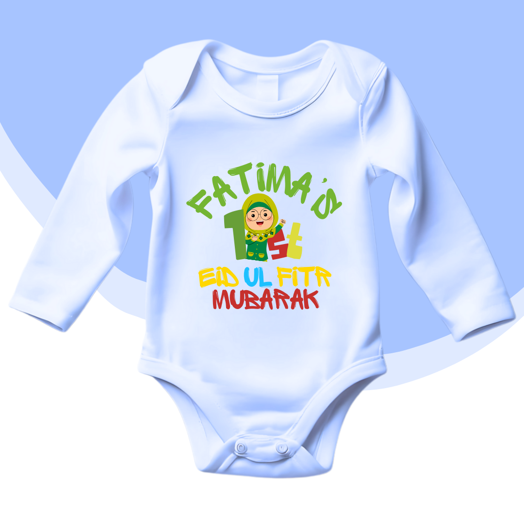 Custom Name Colorful 1st Eid Baby Green Girl Romper| Size New Born to 18 Months