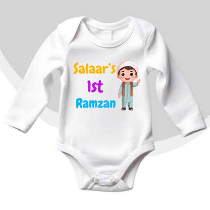Customized Name's 1st Ramadan Eng Green Baby Boy Romper | Ramadan Romper